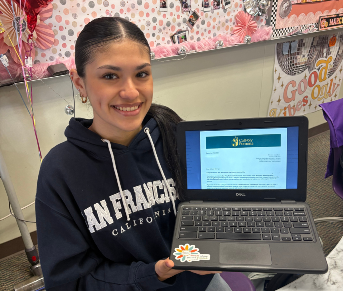 Senior Julissa Cornejo shows off her acceptance letter from Cal Poly Pomona on February 11, 2026.